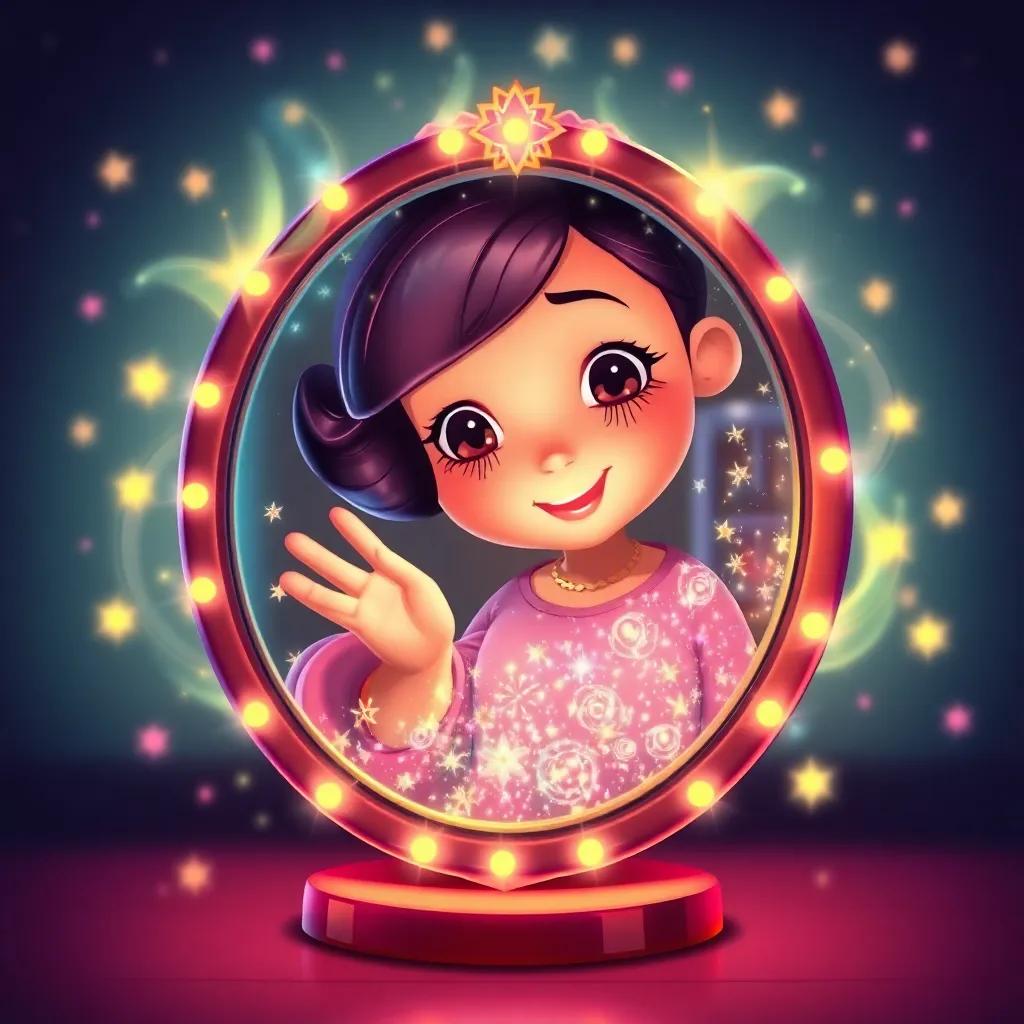 The magic mirror sparkling, showing Mia kind actions like helping others, bright colors swirling around her kind deeds, vibrant scenes of happiness, digital art, joyful, uplifting, child-friendly, high quality