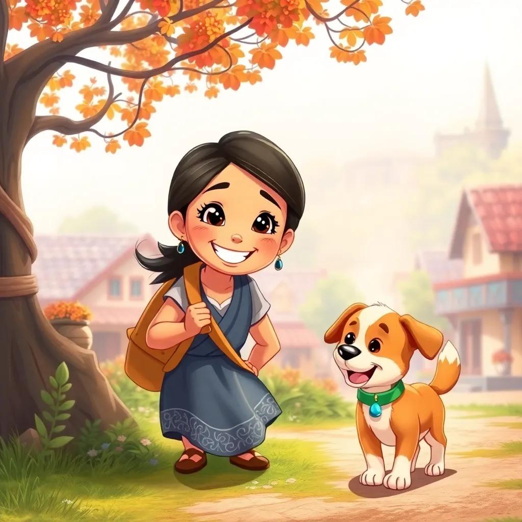 Mia smiling brightly while helping a lost puppy find its way home, the puppy wagging its tail happily, bright village background, illustration, cheerful, warm atmosphere, child-friendly, high quality