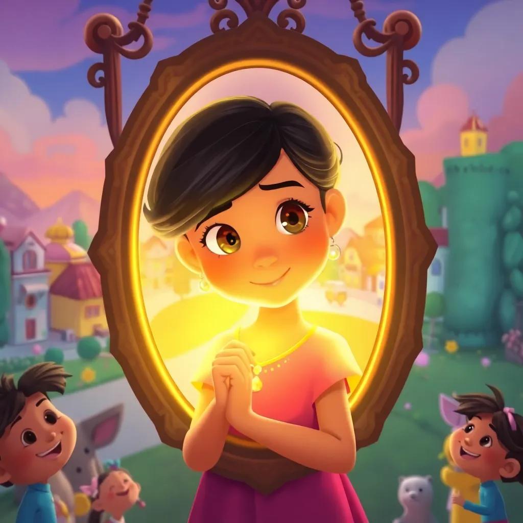 Mia gazing into the magic mirror, a soft golden glow surrounding her, looking confident with friends happily surrounding her, colorful village in the background, digital painting, heartwarming, child-friendly, high quality