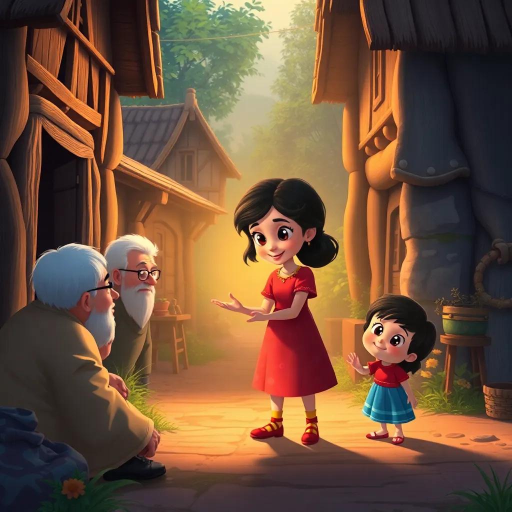 Mia continuing her kind deeds in the village, helping elderly people and playing with children, the magic mirror shining in the backdrop, warm light, illustration, heartwarming atmosphere, child-friendly, high quality