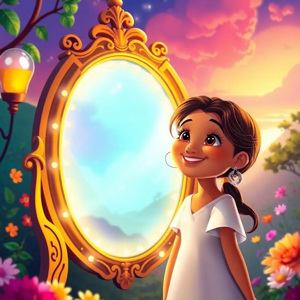 Mia looking happy and content, the magic mirror glowing with a brilliant light as she realizes true beauty comes from within, colorful scenery around her, illustration, vivid colors, engaging, child-friendly, high quality