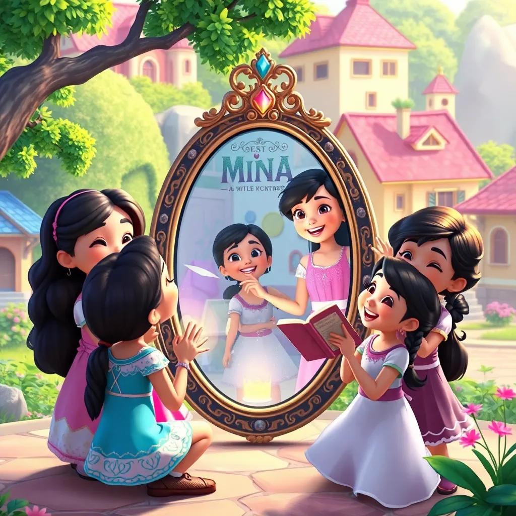 Mia and her friends gathered around the magic mirror, having fun and sharing stories, smiles and laughter all around, bright village background, digital art, joyful atmosphere, child-friendly, high quality