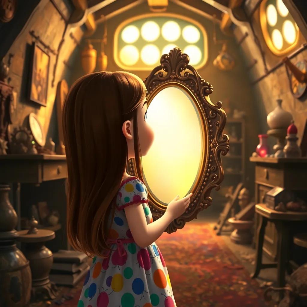 A young girl named Lily, with long brown hair, wearing a colorful dress, discovering a shiny magic mirror in a dusty attic filled with old treasures and sunlight, digital art, warm lighting, bright colors, child-friendly and inviting atmosphere