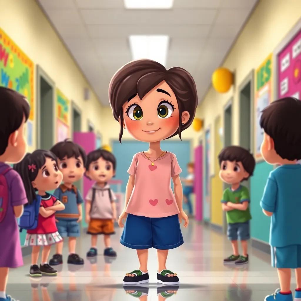 Lily, now very beautiful, standing in a school hallway with kids staring at her in amazement, colorful classroom decorations in the background, cheerful vibe, illustration, vibrant colors, engaging and youthful