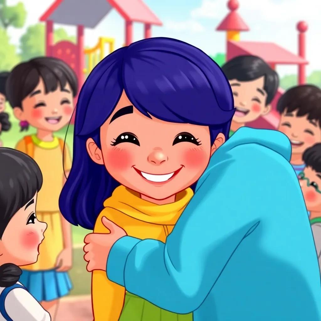 Lily smiling and helping her sister, surrounded by classmates who are laughing and enjoying their time, colorful playground in the background, heartwarming scene, illustration, bright colors, joyful feel