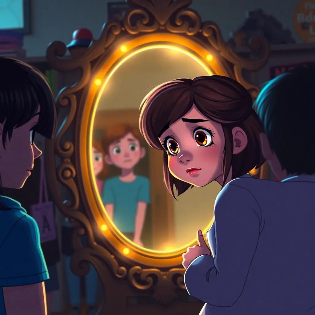 Lily looking worriedly at the magic mirror, with other students around her happily engaging, the mirror reflecting her past beauty while glowing gently, dramatic lighting, colorful school scene, detailed and emotional