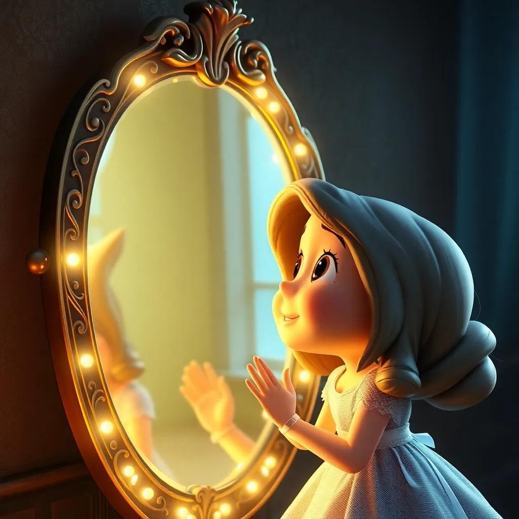 The magic mirror glowing softly while speaking to Lily in a kind manner, her face reflecting warmth and understanding, beautiful light, enchanting atmosphere, digital art, child-friendly and magical feeling
