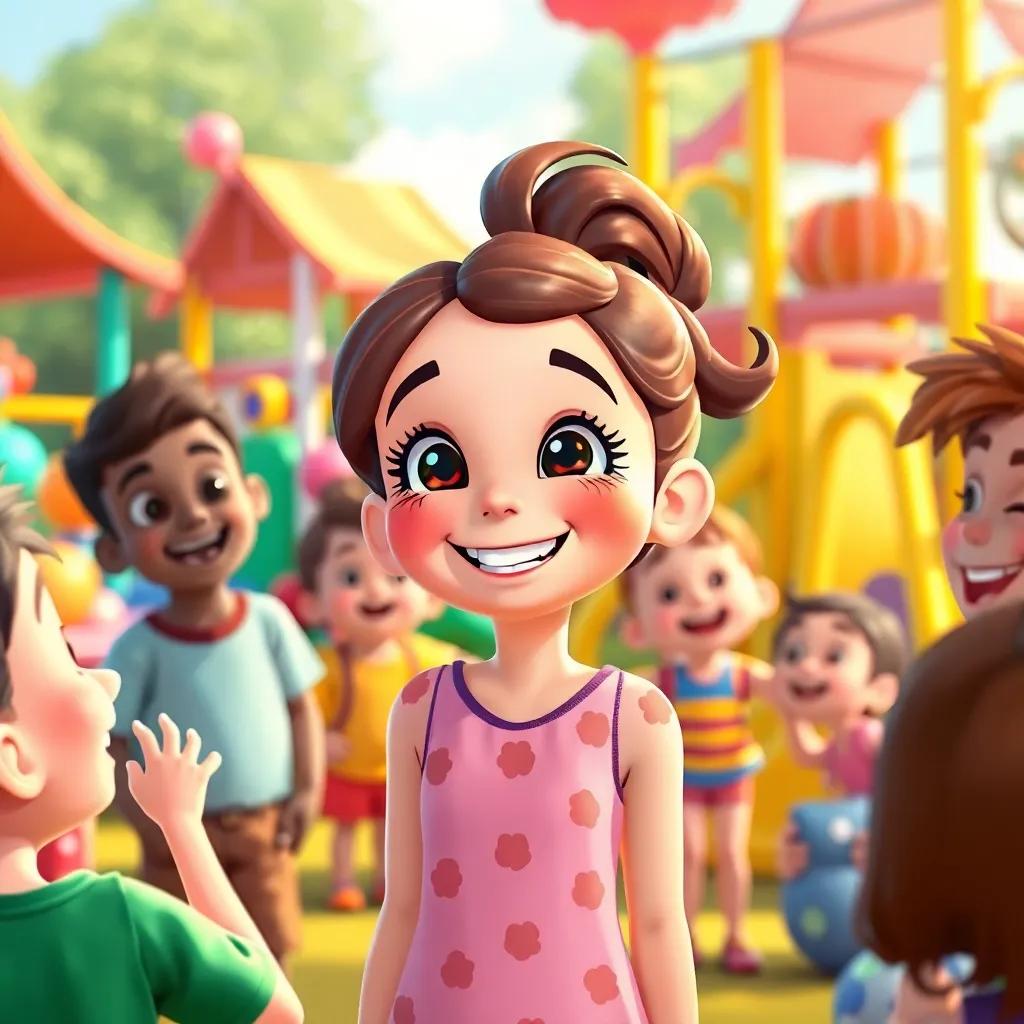 Lily smiling, surrounded by friends who appreciate her for her kindness and laughter, the colorful playground buzzing with activity, bright colors, uplifting scene, illustration, joyful and vibrant