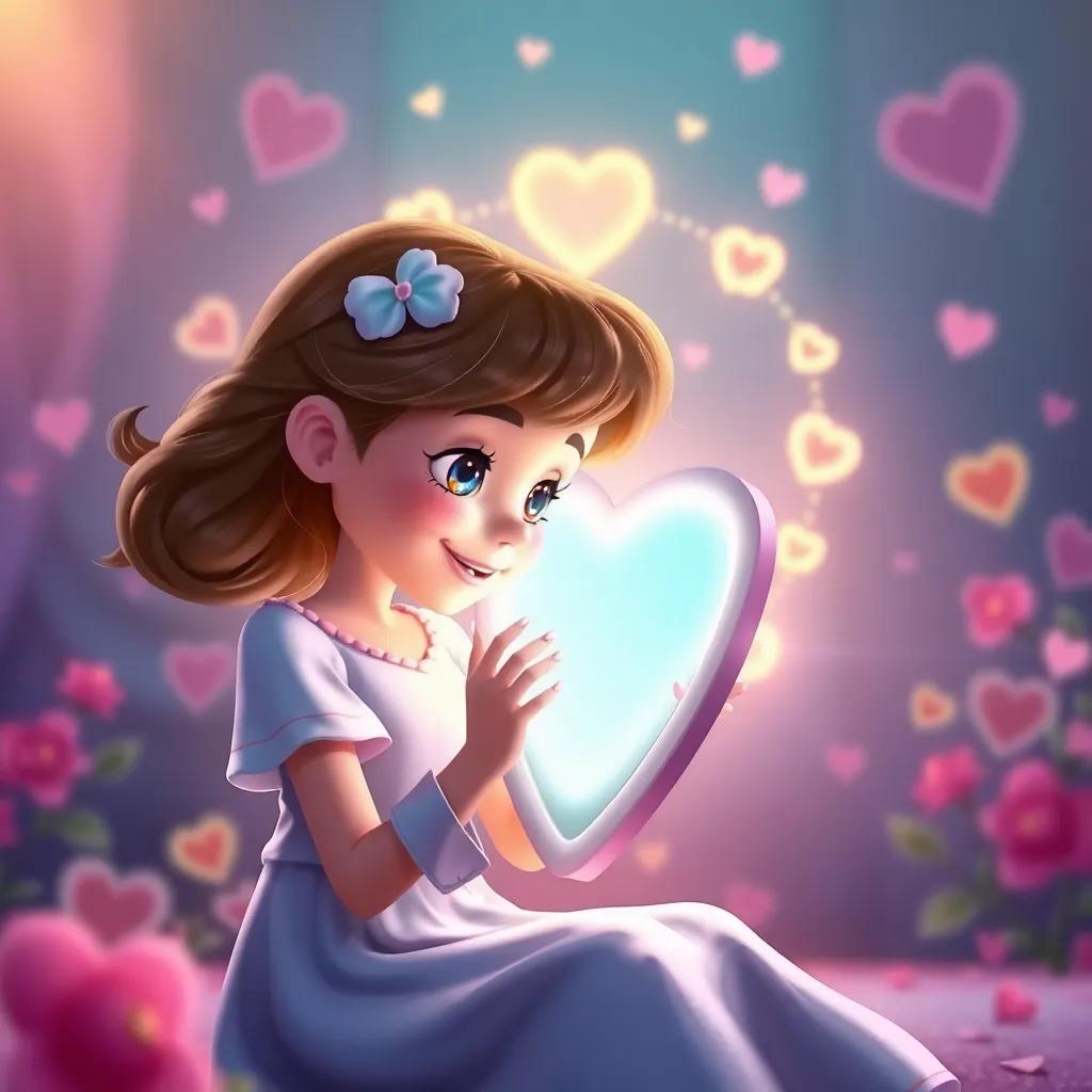 Lily cherishing her magic mirror, with a glowing heart symbol surrounding them, the background filled with happy memories, bright colors and soft light, digital art, warmth and positivity