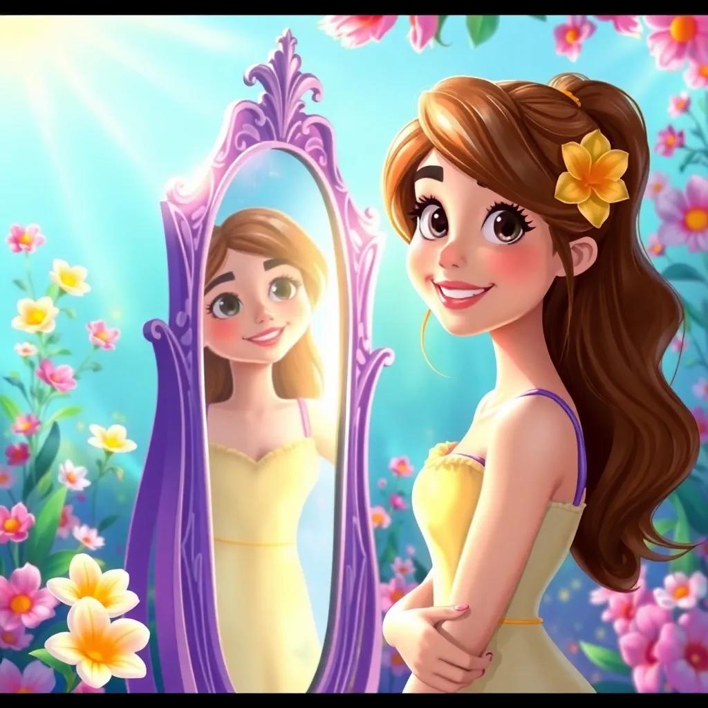 Lily as a young adult, confident and happy, standing next to her magical mirror without needing to gaze into it, showcasing her inner beauty and joy, vibrant background with flowers and sunshine, digital painting, bright and cheerful