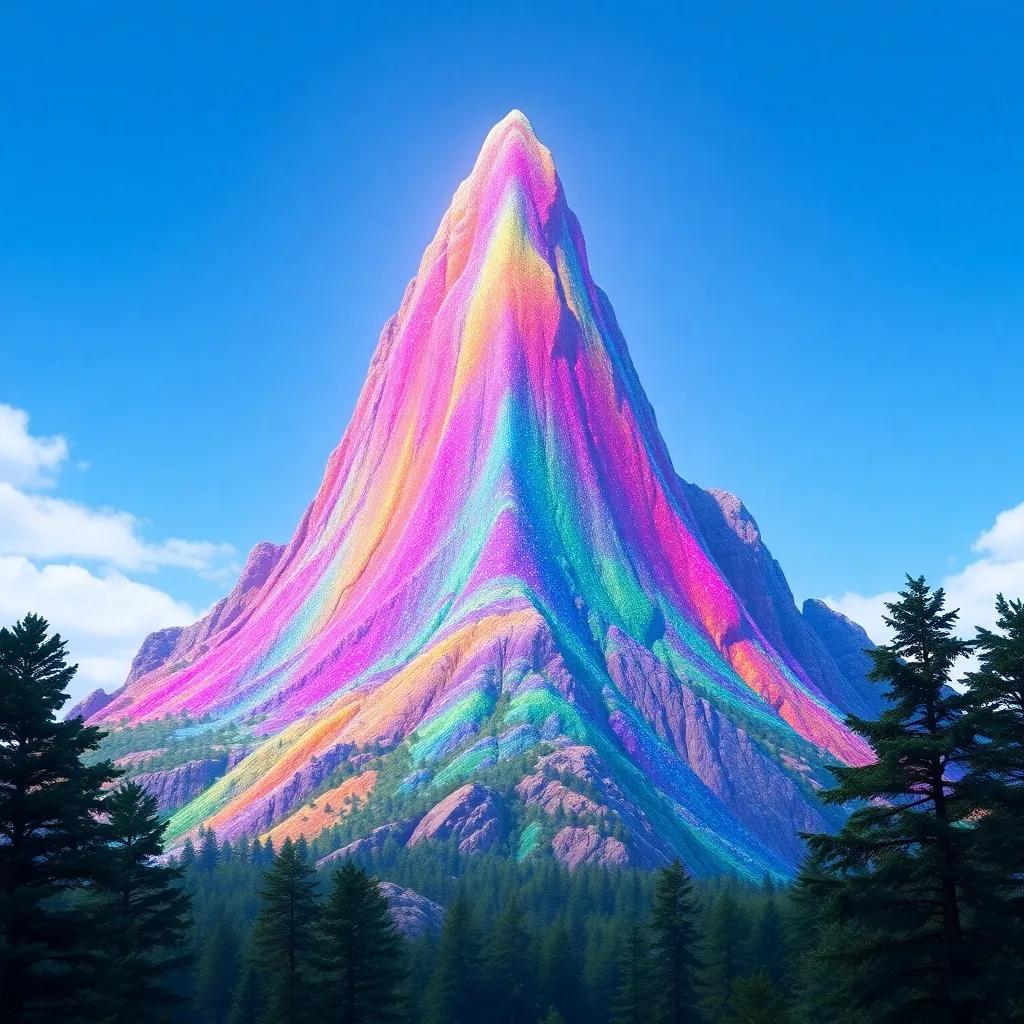 A tall colorful mountain known as the Magic Mountain, sparkling bright colors covering its surface, surrounded by trees and a blue sky, digital art, vivid colors, enchanting atmosphere, high quality