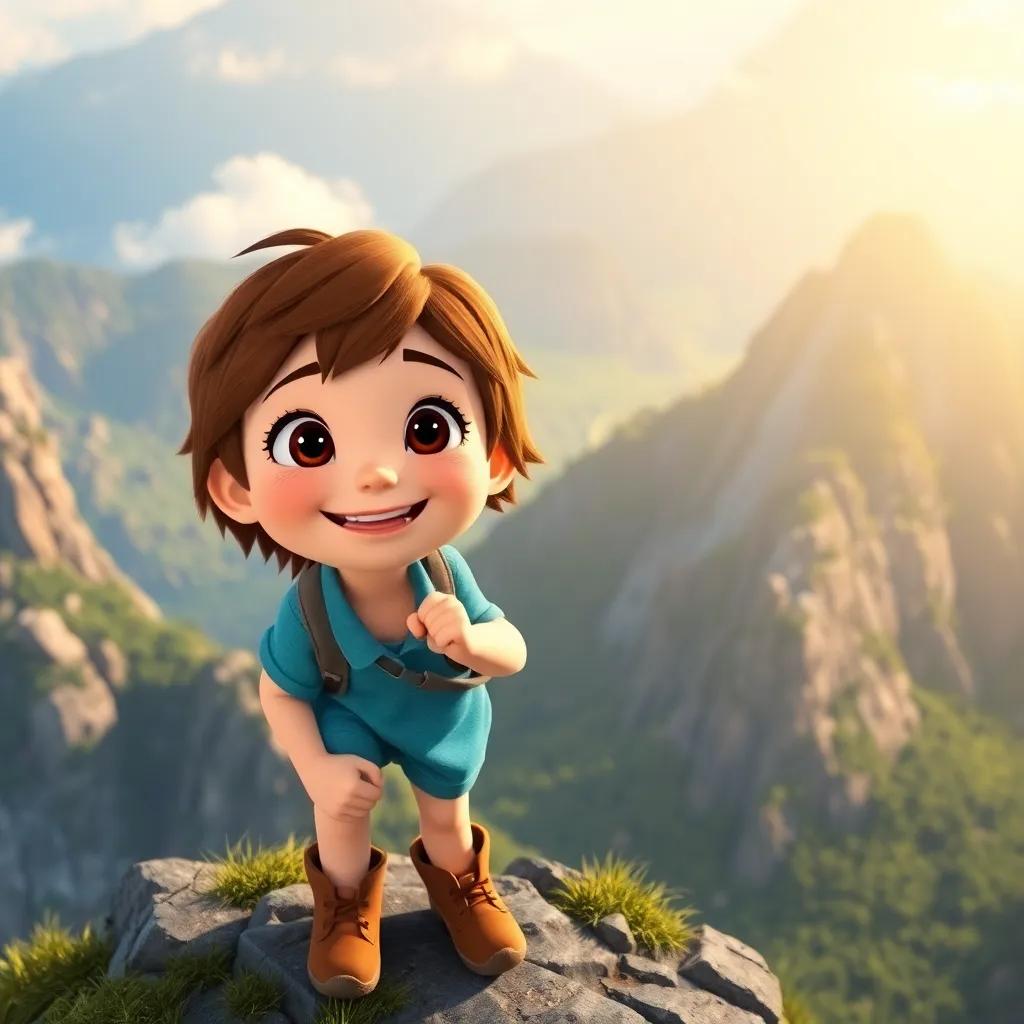 A curious girl named Mia, with short brown hair, wearing a blue shirt and sturdy shoes, climbing the Magic Mountain, feeling the soft breeze on her face, cheerful expression, nature details, vibrant colors, high quality