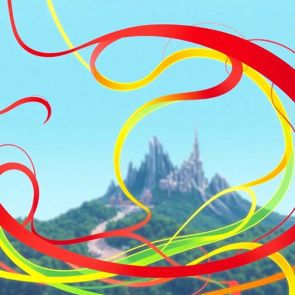 Colorful lines winding around the Magic Mountain, including red, yellow, and green, twisting and turning like ribbons in the breeze, whimsical art style, bright and cheerful, high quality
