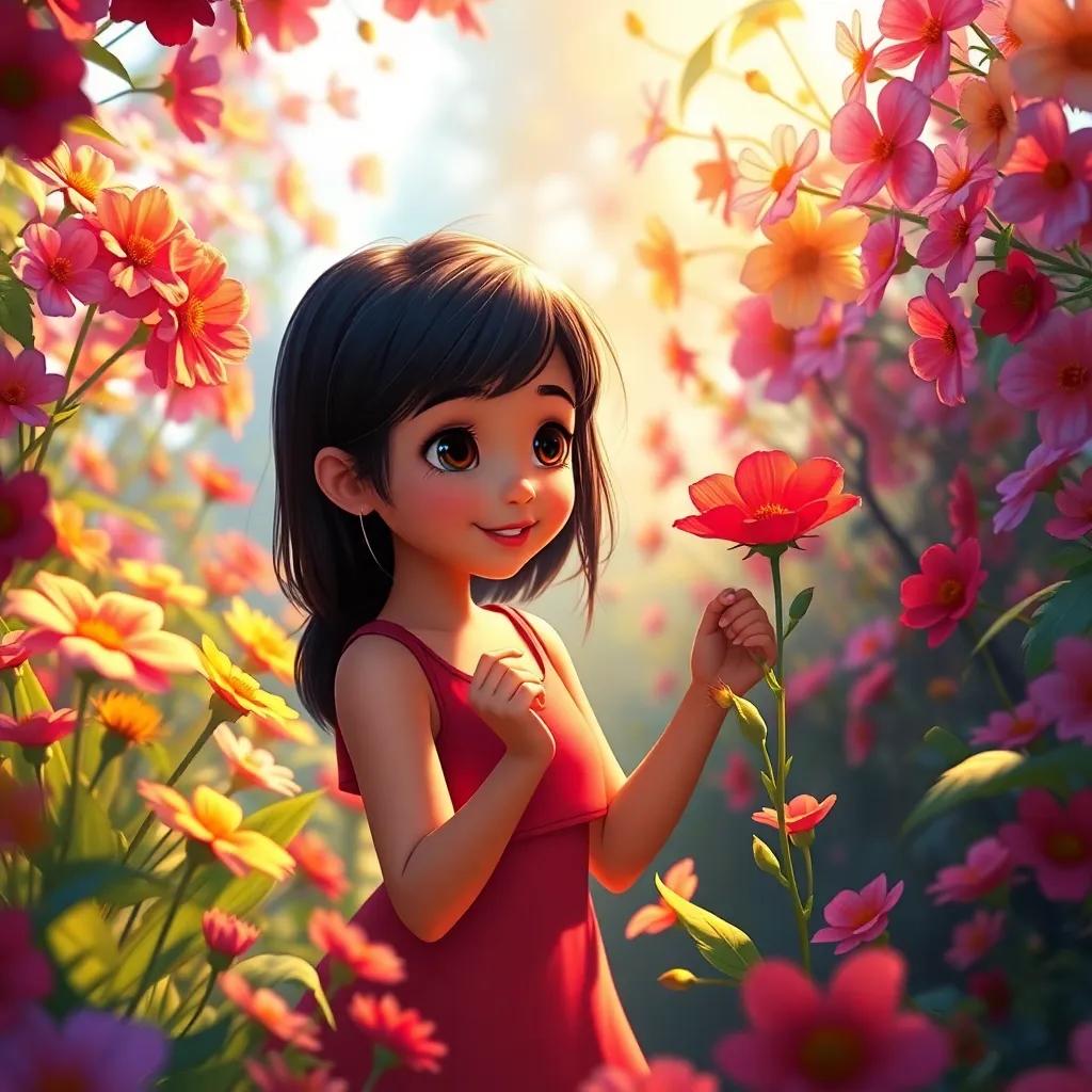 Mia in a hidden garden filled with colorful flowers, picking a bright red flower, flowers swaying gently around her, vivid colors and warm light, magical atmosphere, high quality