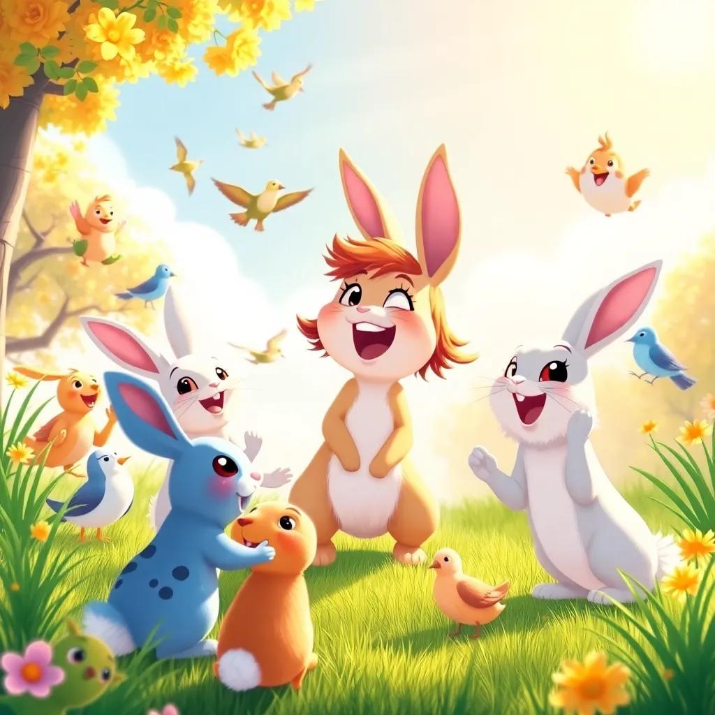 A sunny clearing with friendly rabbits and birds playing together, Mia laughing and joining in the fun, surrounded by golden rays of light, cheerful illustration, bright and inviting, high quality