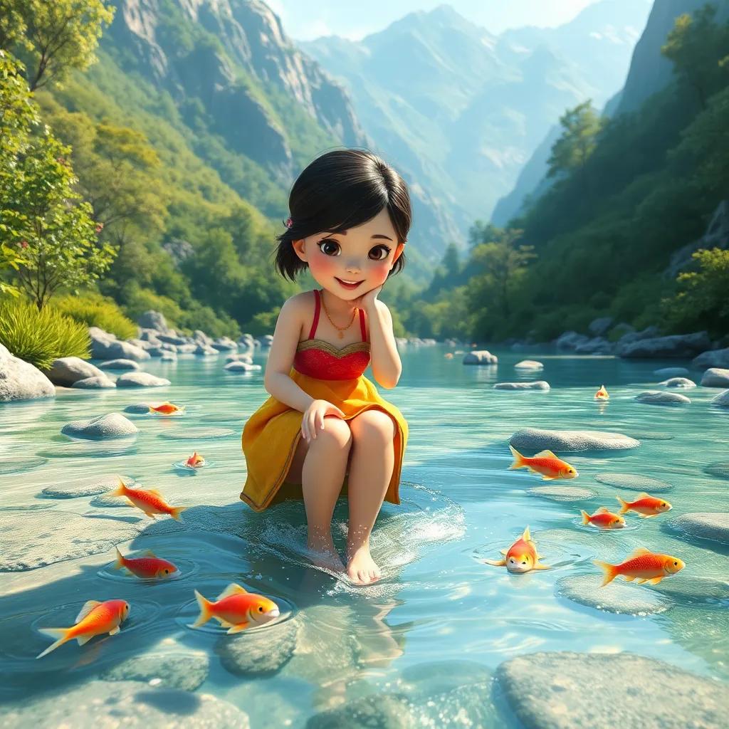 Mia cooling her feet in a crystal clear stream flowing down the mountain, colorful fish swimming joyfully, beautiful nature setting with soft light, refreshing scene, high quality
