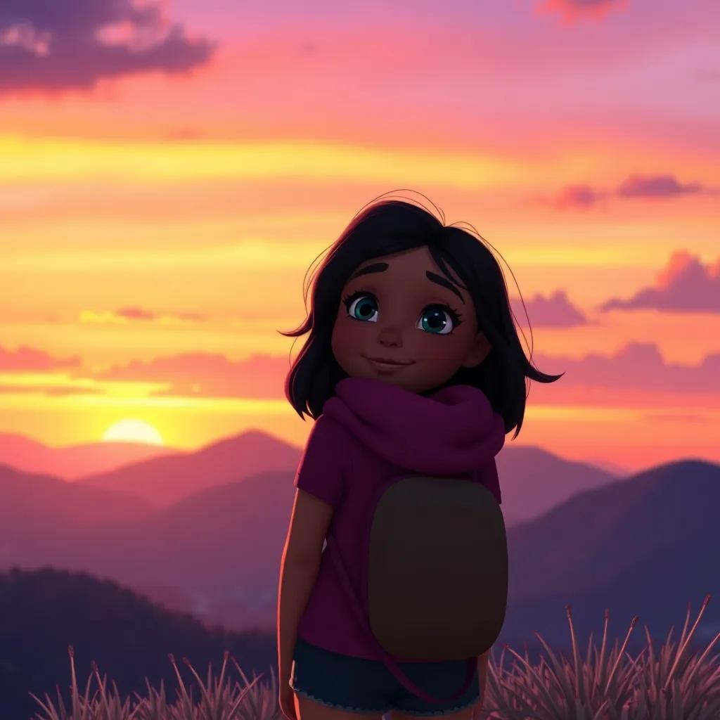 A sunset sky with hues of orange and purple, Mia feeling grateful for her adventure, viewing the landscape from the mountain, heartwarming atmosphere, rich colors, high quality