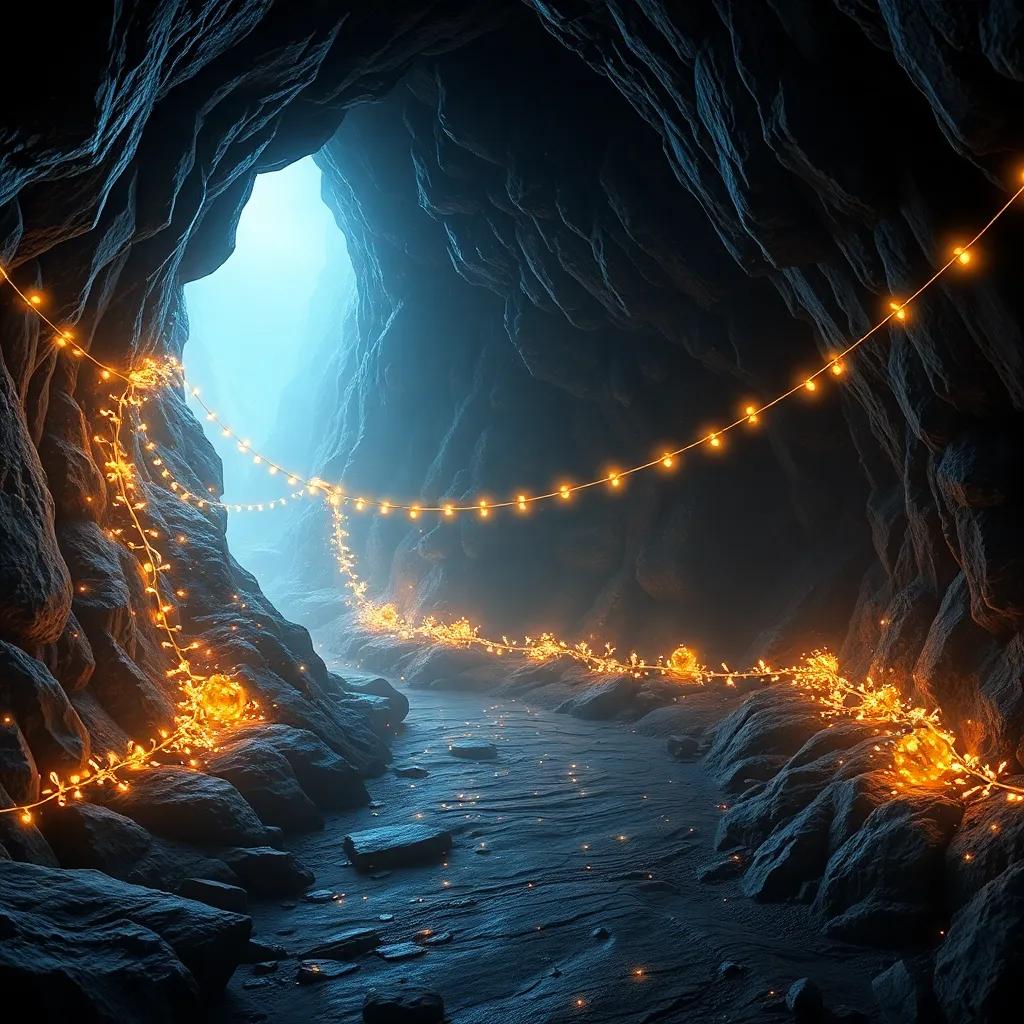 A special line covered in twinkling lights leading into a secret cave, shimmering crystals reflecting light, magical and mysterious scene, inviting atmosphere, high quality