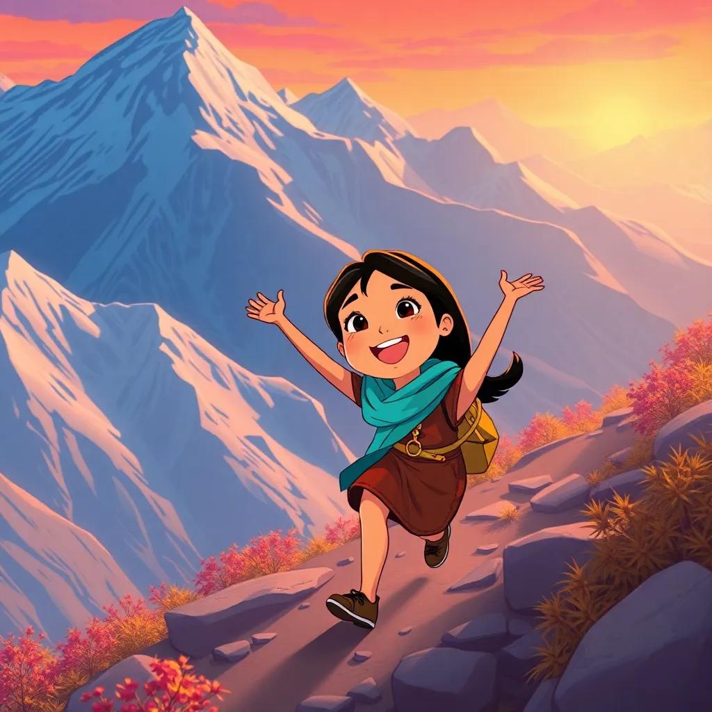 Mia happily descending the mountain with memories in her heart, excited to share her adventures with friends and family, warm colors in the background, joyful illustration, high quality