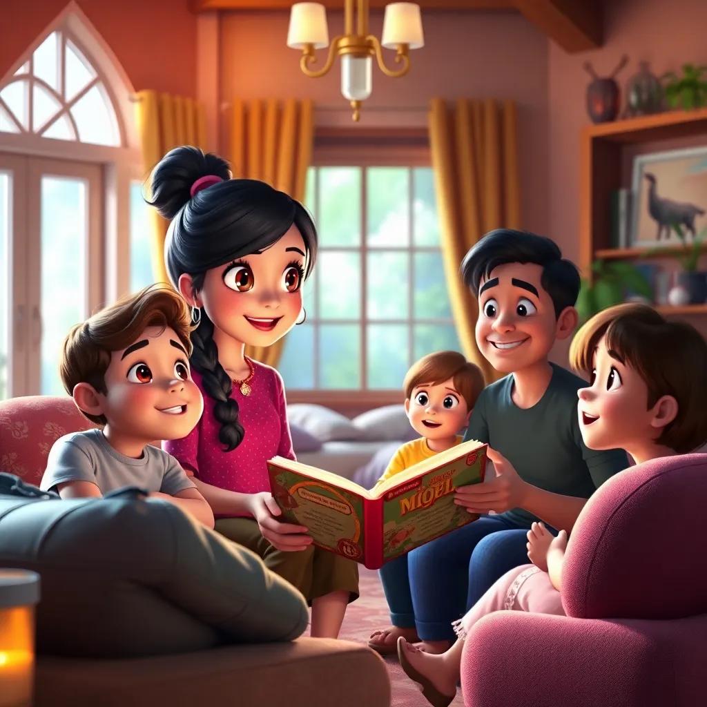Mia telling her adventure story to friends and family, everyone's eyes wide with awe, a cozy living room with bright colors, heartwarming atmosphere, vibrant details, high quality