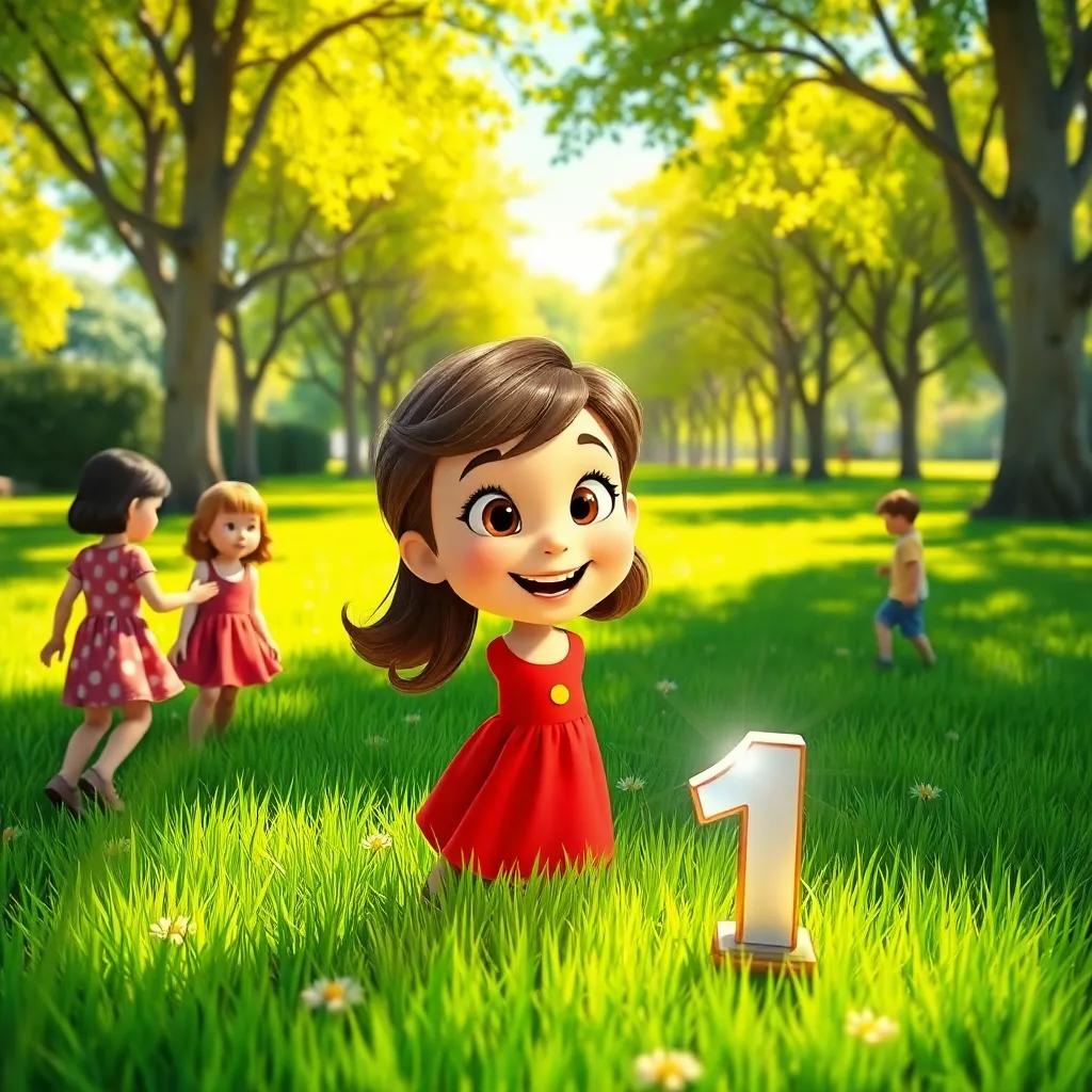 A sunny park with vibrant green grass, children playing, Mia, a young girl with brown hair in a red dress and a wide smile, looking surprised at a shiny number on the ground, digital art, cheerful, bright colors, joyful atmosphere, high quality