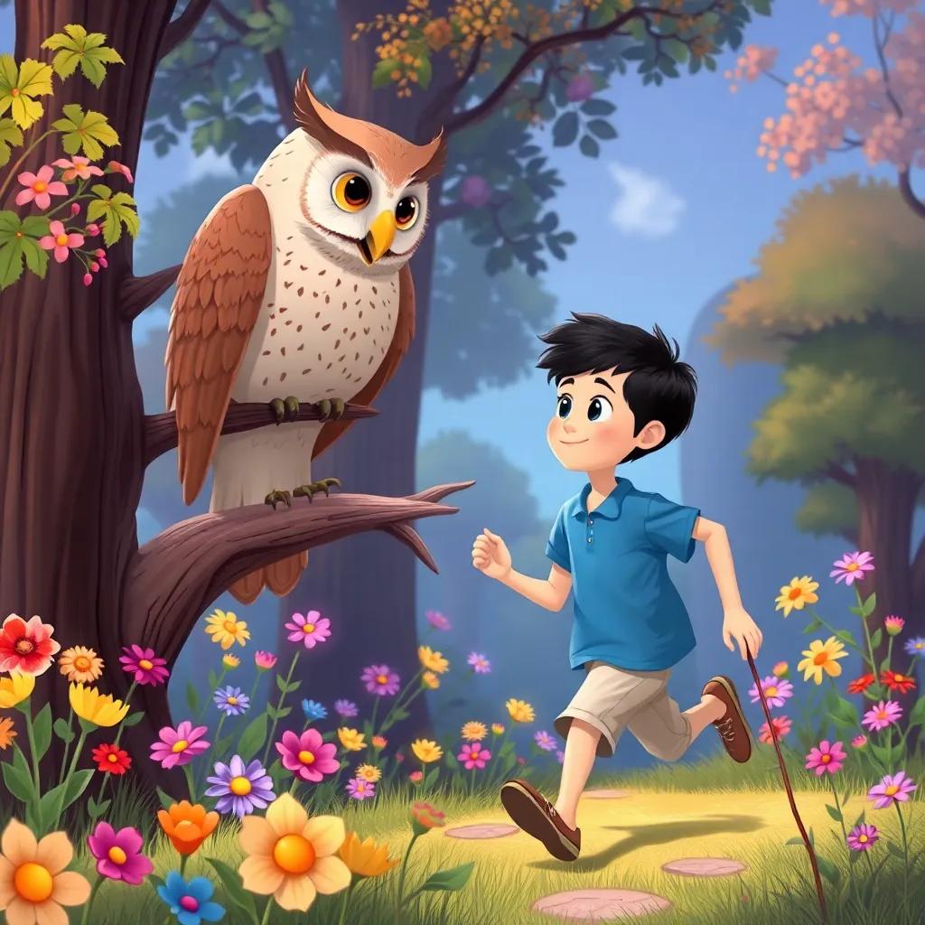 Mia and Sam, a young boy with short hair in a blue shirt, running to a wise old owl perched on a branch, surrounded by colorful flowers and trees, illustration, whimsical, nature-themed, friendly scene