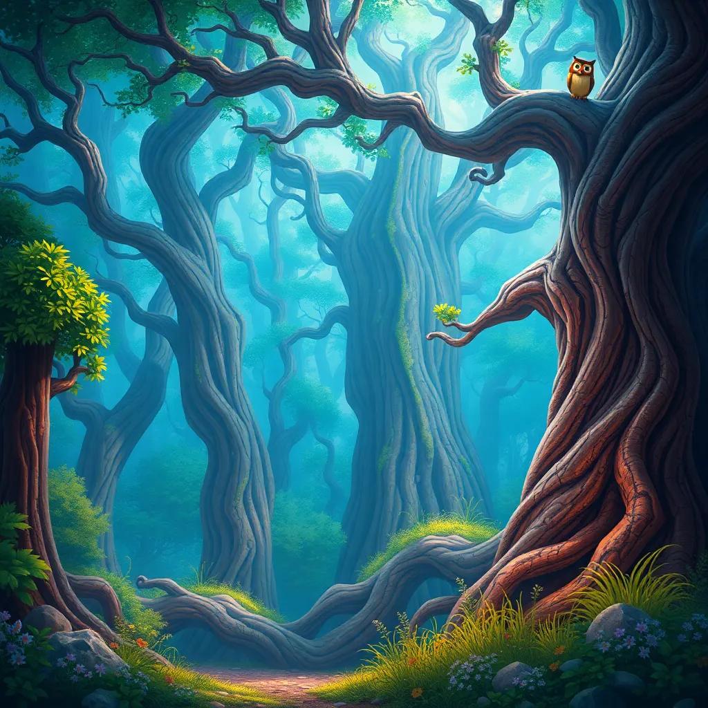 A magical forest with ancient trees, an enormous old tree with a twisted trunk, an owl on a branch, vibrant colors, enchanting and mysterious atmosphere, child-friendly, high quality