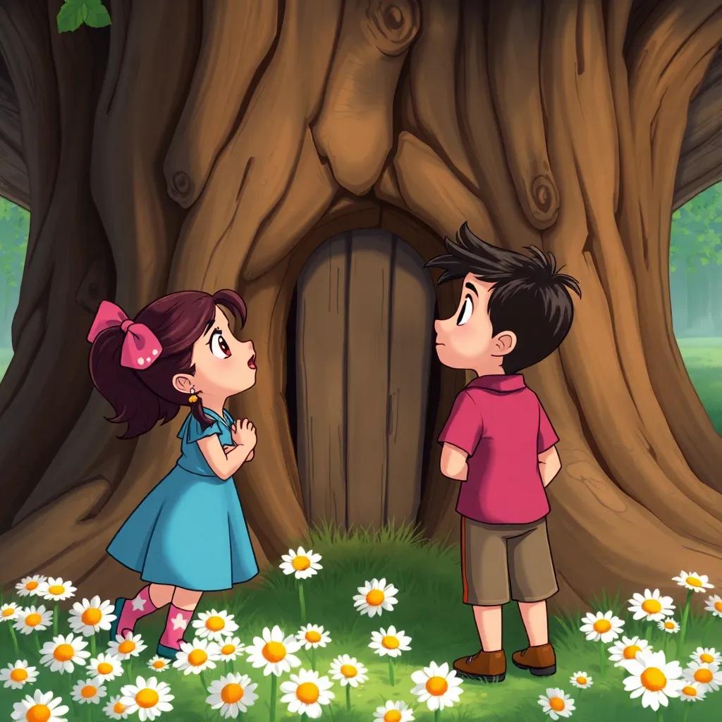 Mia and Sam staring at a small door in the old tree, expressions of wonder, a beautiful scene with bright daisies around the base, illustration, captivating colors, inviting atmosphere, done in a fairy tale style