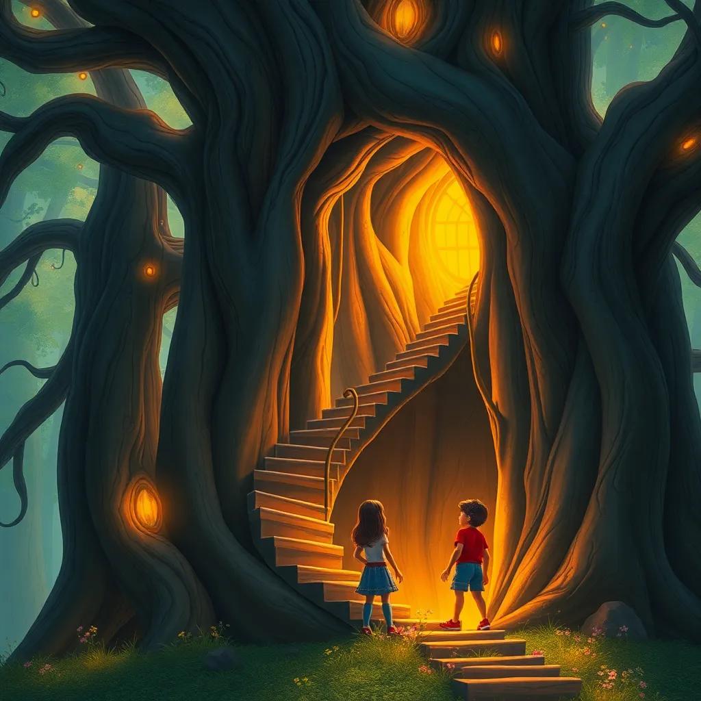 A spiral staircase inside the tree, glows softly with golden light, Mia and Sam looking amazed, a warm and mystical vibe, digital art, detailed and imaginative, rich textures, child-friendly