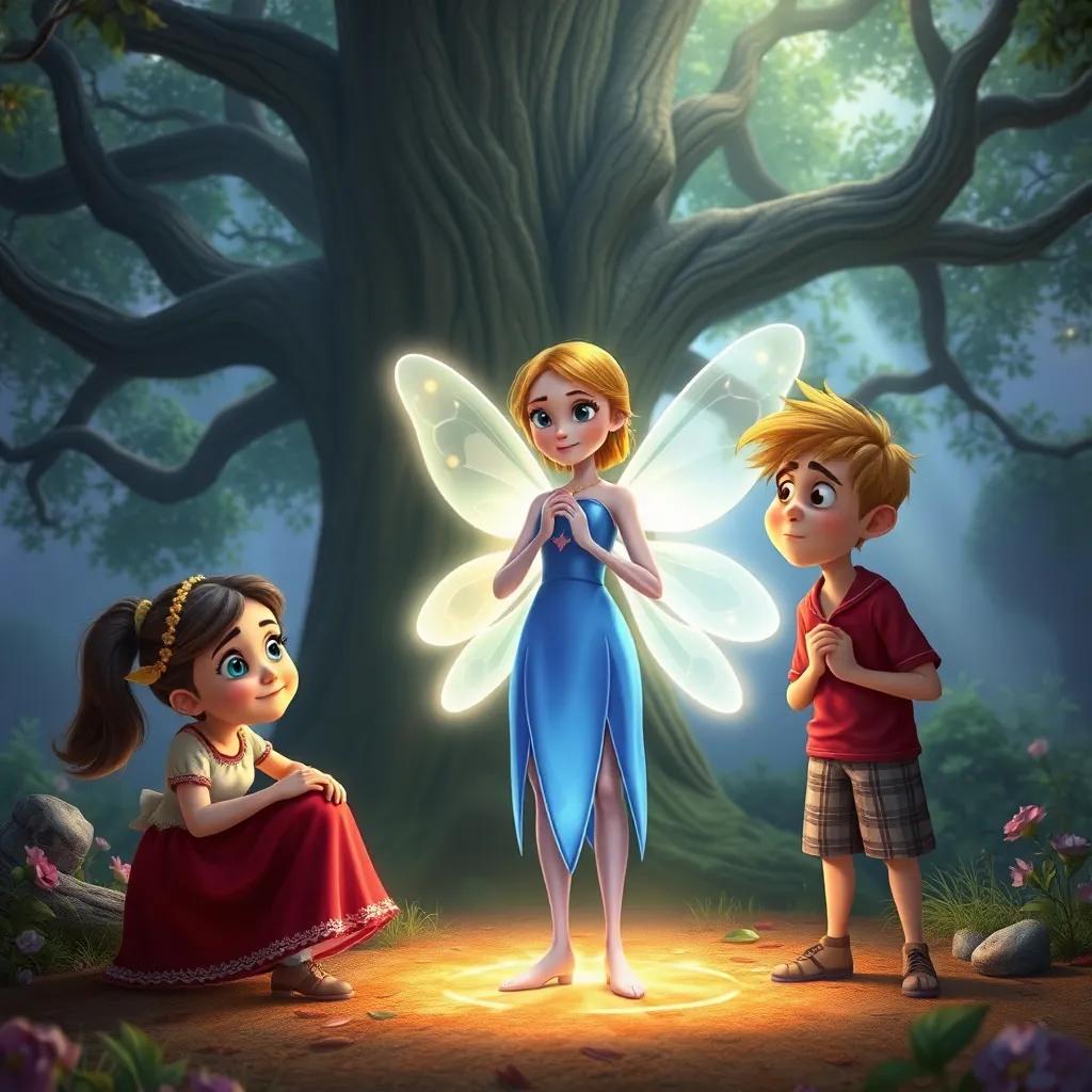 The fairy standing with a glow around her, presenting a riddle, Mia and Sam looking puzzled, the old tree in the background, captivating colors, magical atmosphere, imaginative