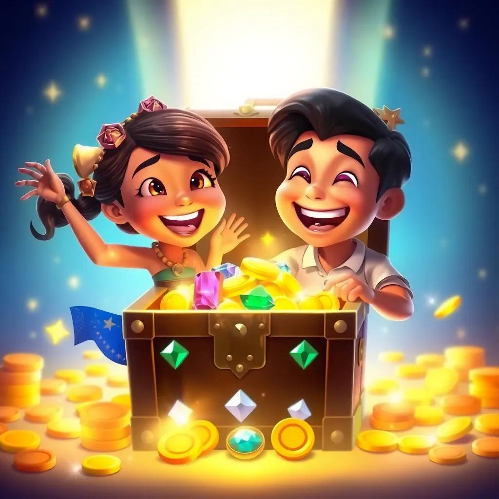 A glowing treasure chest with jewels and golden coins, Mia and Sam smiling widely, surrounded by sparkling light from the chest, enchanting scene, vibrant colors, joyful expression, fantasy style