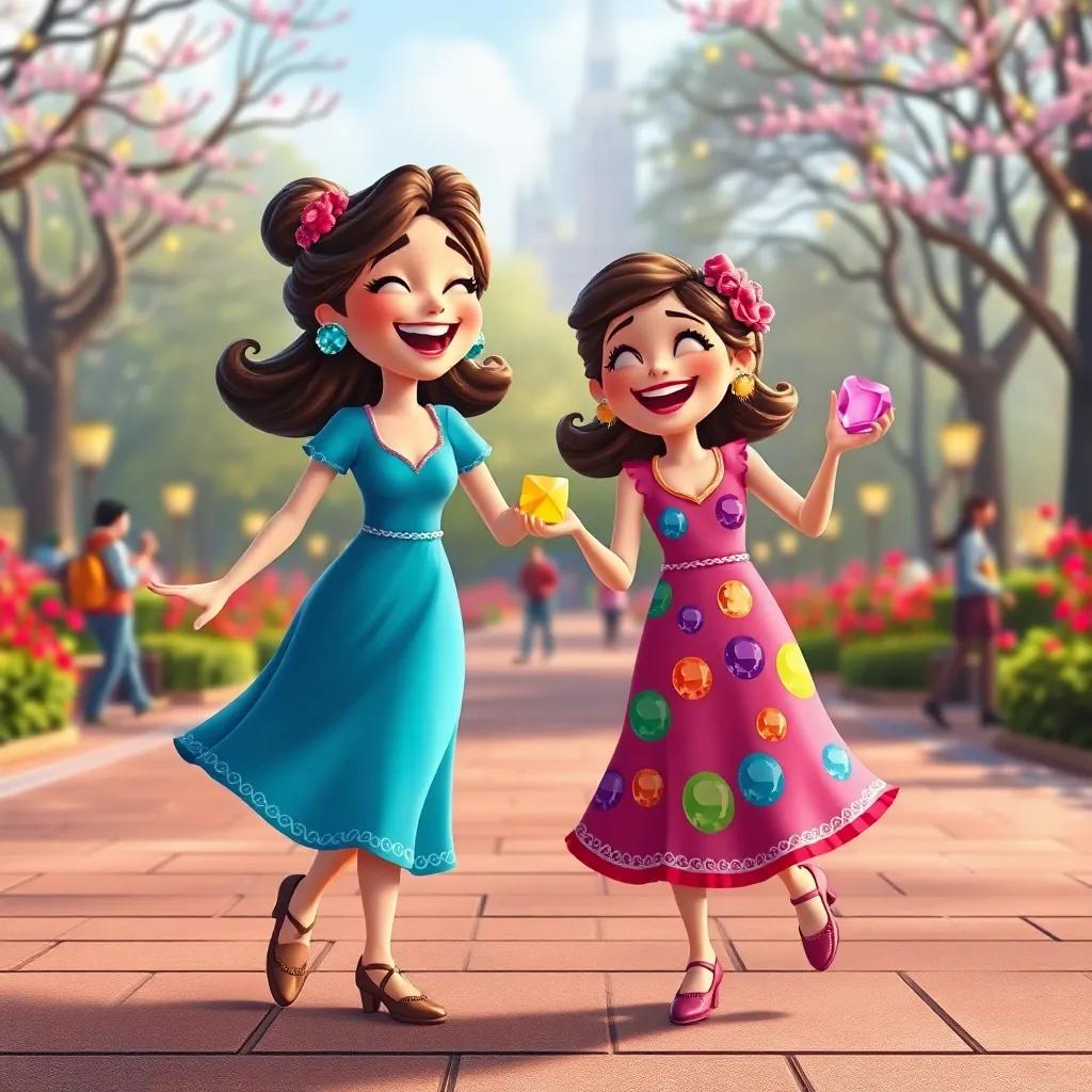 Mia and Sam dancing with joy, holding colorful jewels, the park in the background, filled with laughter and fun, bright colors, festive atmosphere, high-quality illustration