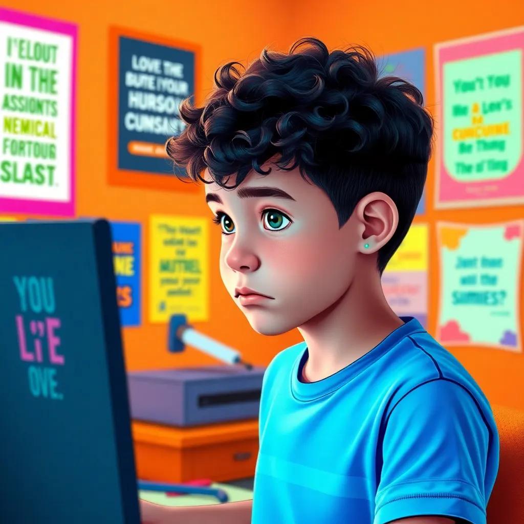 A young boy named Sam, with short curly hair, wearing a bright blue t-shirt, looking at his computer screen with a puzzled face, colorful room with posters of famous motivational quotes, digital art, bright colors, cheerful atmosphere, high quality