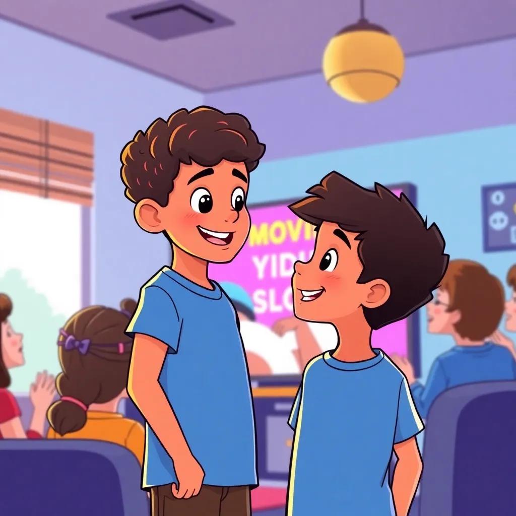 Sam, a young boy with short curly hair in a bright blue t-shirt, showing his friends his motivational video on a big screen, friends smiling and clapping, excitement in the room, illustration, friendly, engaging, child-friendly