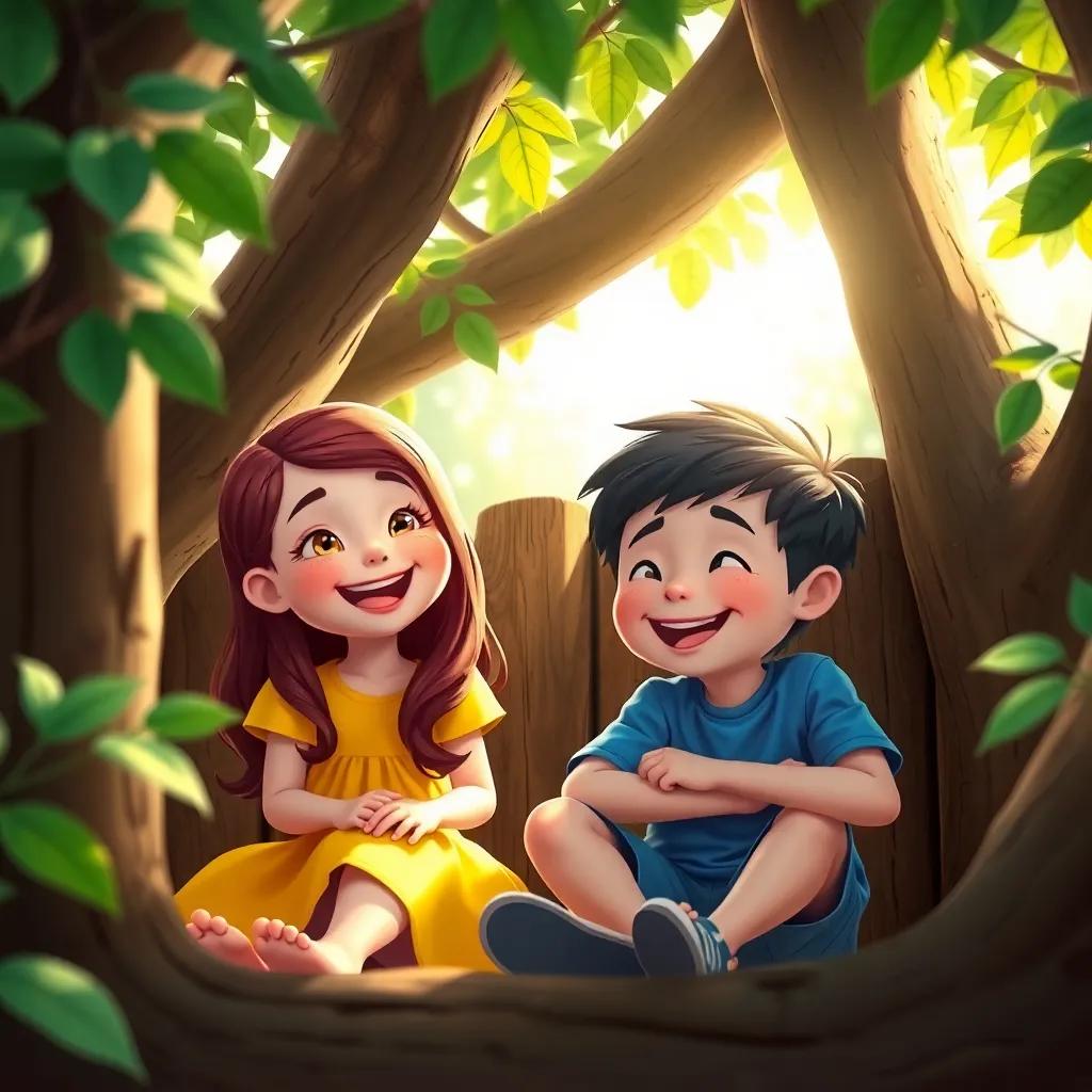 Lily and Max, two children (Lily: a young Caucasian girl with long brown hair wearing a bright yellow dress, Max: a young Caucasian boy with short dark hair wearing a blue t-shirt), sitting in a cozy treehouse with sunlight shining through leaves, smiling and talking animatedly, digital art, cheerful atmosphere, natural lighting, vivid colors, playful composition, high quality