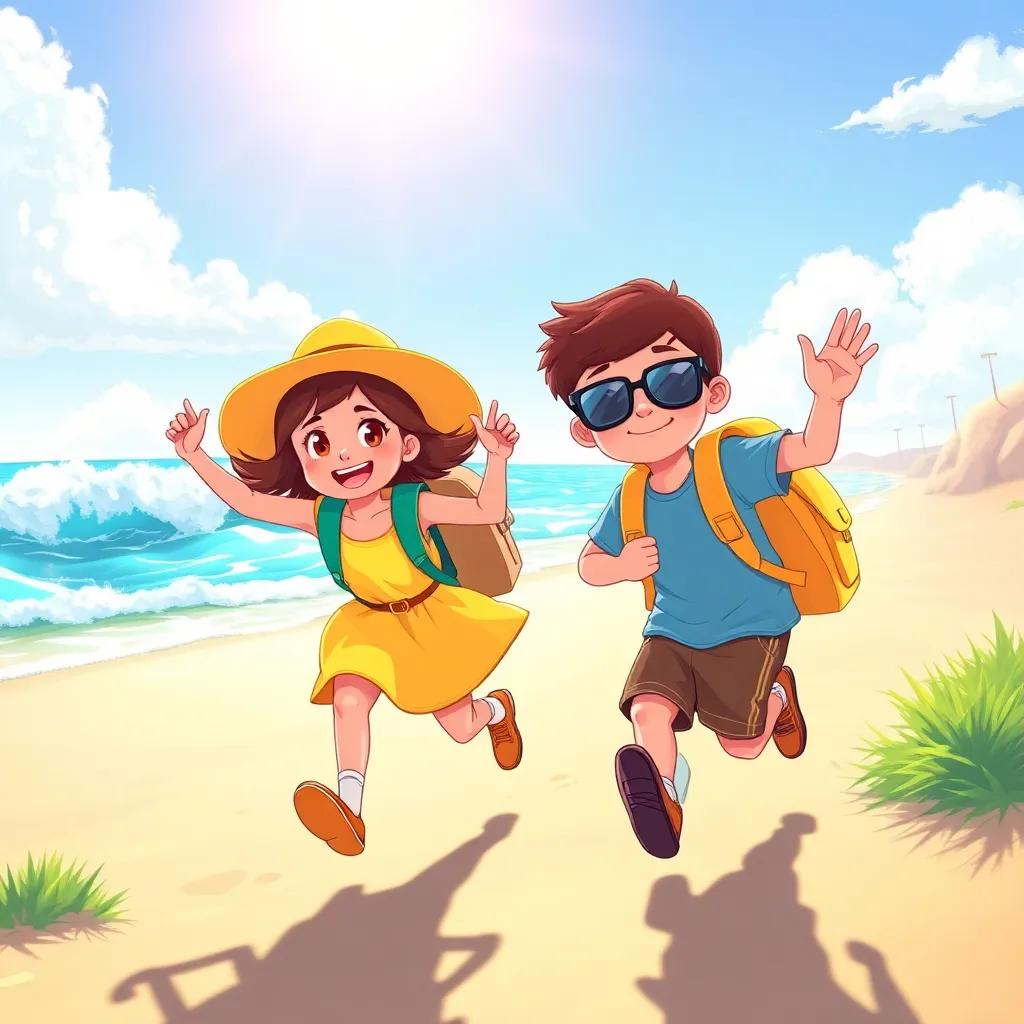 Lily and Max, two children, running excitedly toward the beach with a backpack, wearing sun hats (Lily: yellow dress and a sun hat, Max: blue t-shirt and sunglasses), bright sunny day, waves in the background, illustration, joyful, adventure spirit, glowing light, vibrant colors, storytelling perspective, high quality