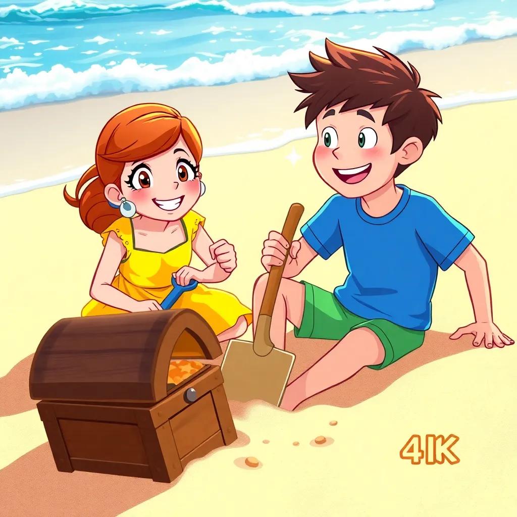 Lily and Max, sitting on the warm sand, digging with shovels, with a big smile and sparkles in their eyes (Lily: wearing a bright yellow dress, Max: wearing a blue t-shirt), a treasure chest partially buried in the sand, sea waves rolling in the background, detailed digital art, bright and cheerful, inviting scene, inspiring atmosphere, high quality