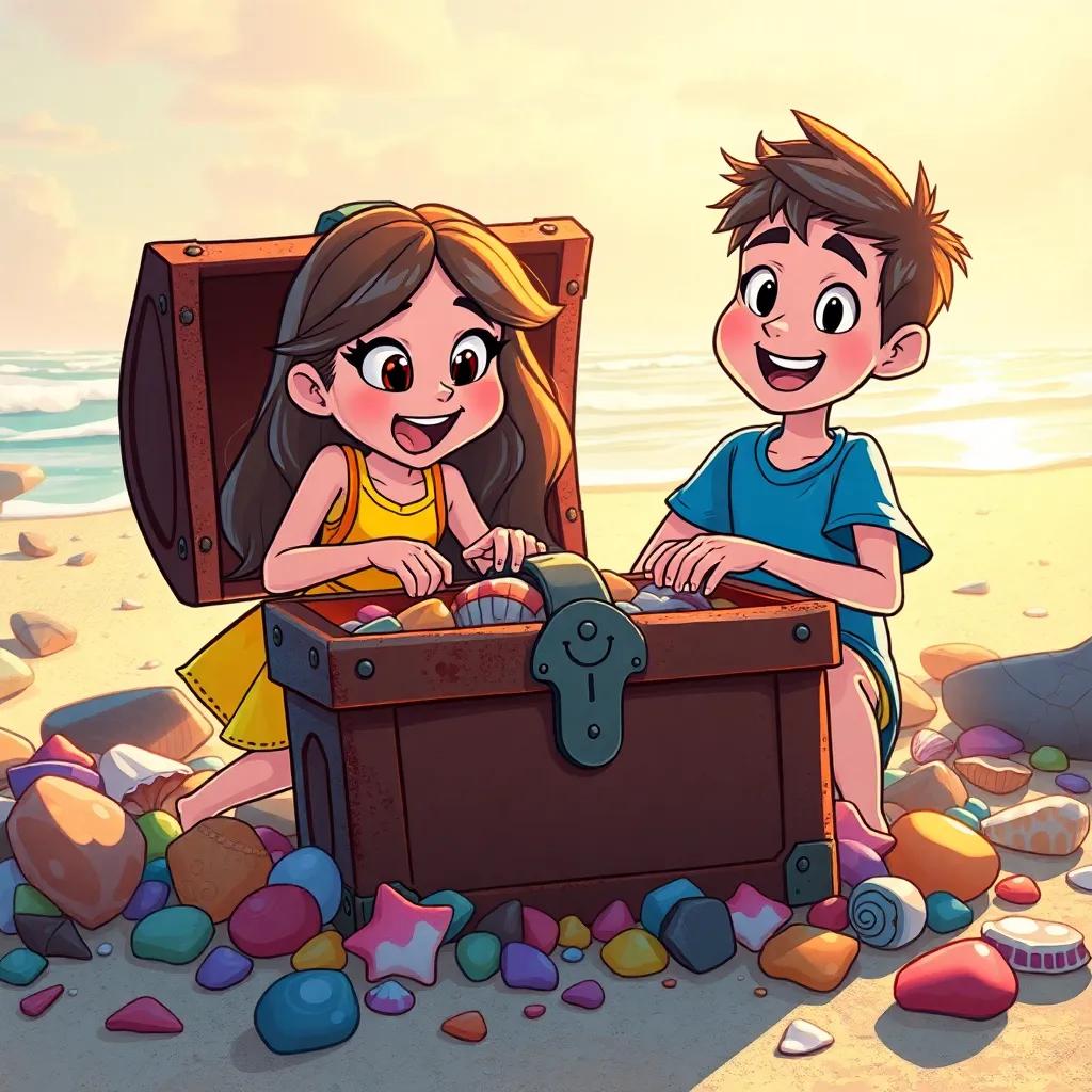 Lily and Max, excitedly opening a rusty chest on the beach, surrounded by colorful shells and stones, their expressions full of wonder (Lily: in her yellow dress, Max: in a blue t-shirt), warm sunlight shining down on them, illustration, adventurous and whimsical, colorful and engaging, warm light, high quality