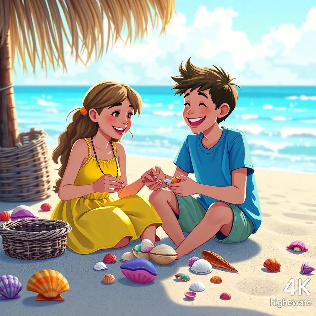 Lily and Max, creating necklaces with shells on a sandy beach, laughing together, surrounded by other crafty items, (Lily: in a bright yellow dress, Max: in a blue t-shirt), a friendly vibe, bright and colorful, digital art, playful atmosphere, cheerful lighting, high quality