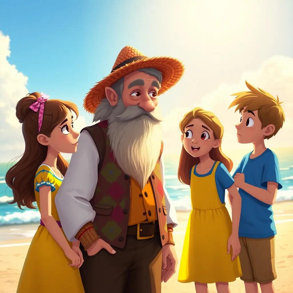 An old man with a long beard, wearing a straw hat and a colorful vest, speaking to Lily and Max (Lily: in her bright yellow dress, Max: in a blue t-shirt), on the beach, with curious expressions, soft sunlight illuminating the scene, magical and inviting, illustration, engaging story atmosphere, high quality