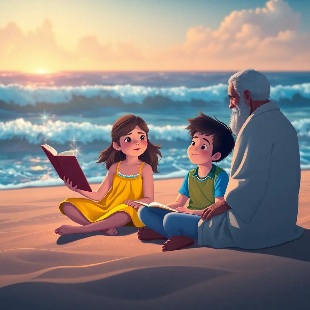 Lily and Max, sitting cross-legged on the sand, listening to the old man telling stories, (Lily: bright yellow dress, Max: blue t-shirt), magical ocean waves in the background, sparks of wonder in their eyes, engaging story atmosphere, bright colors, warm light, whimsical scene, high quality