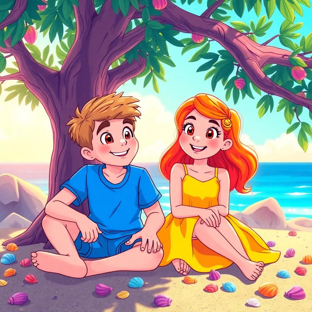 Lily and Max, bright-eyed, filled with excitement, as they plan their next adventure, sitting under a tree with colorful seashells scattered around, (Lily in a bright yellow dress, Max in a blue t-shirt), warm summer atmosphere, cheerful colors, digital art, inviting scene, high quality
