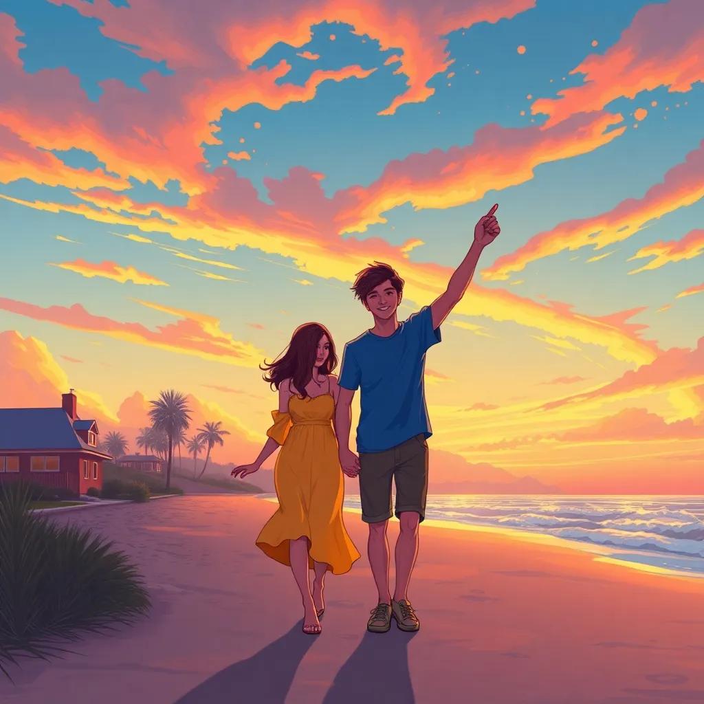 Lily and Max walking home from the beach at sunset, with a colorful sky behind them, (Lily: bright yellow dress, Max: blue t-shirt), holding hands and cheering for future adventures, warm tones, magical evening light, heartwarming scene, illustration, high quality
