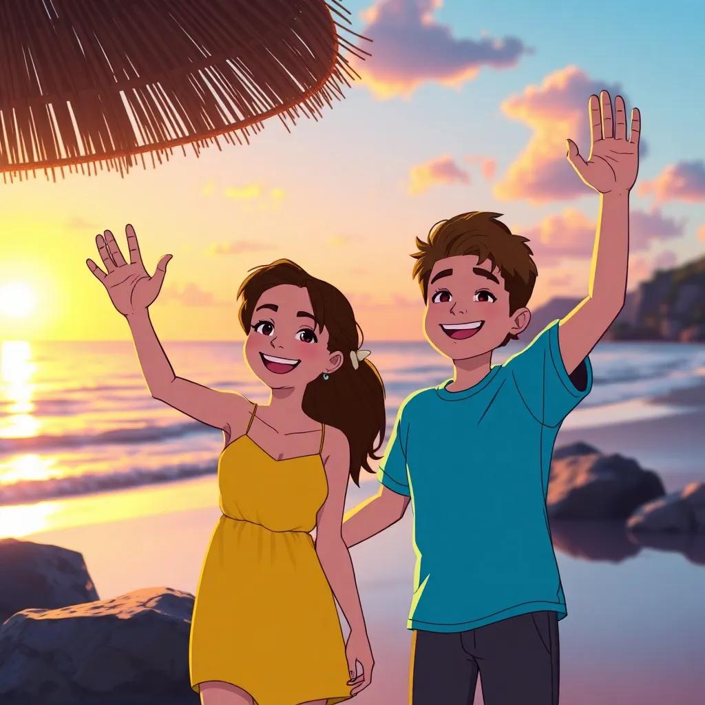 Lily and Max, waving goodbye to the beach, filled with hopes for tomorrow's adventure, (Lily: in her bright yellow dress, Max: in a blue t-shirt), sunset casting glowing colors over them, joyful expressions, harmonious atmosphere, vibrant colors, digital art, inviting perspective, high quality