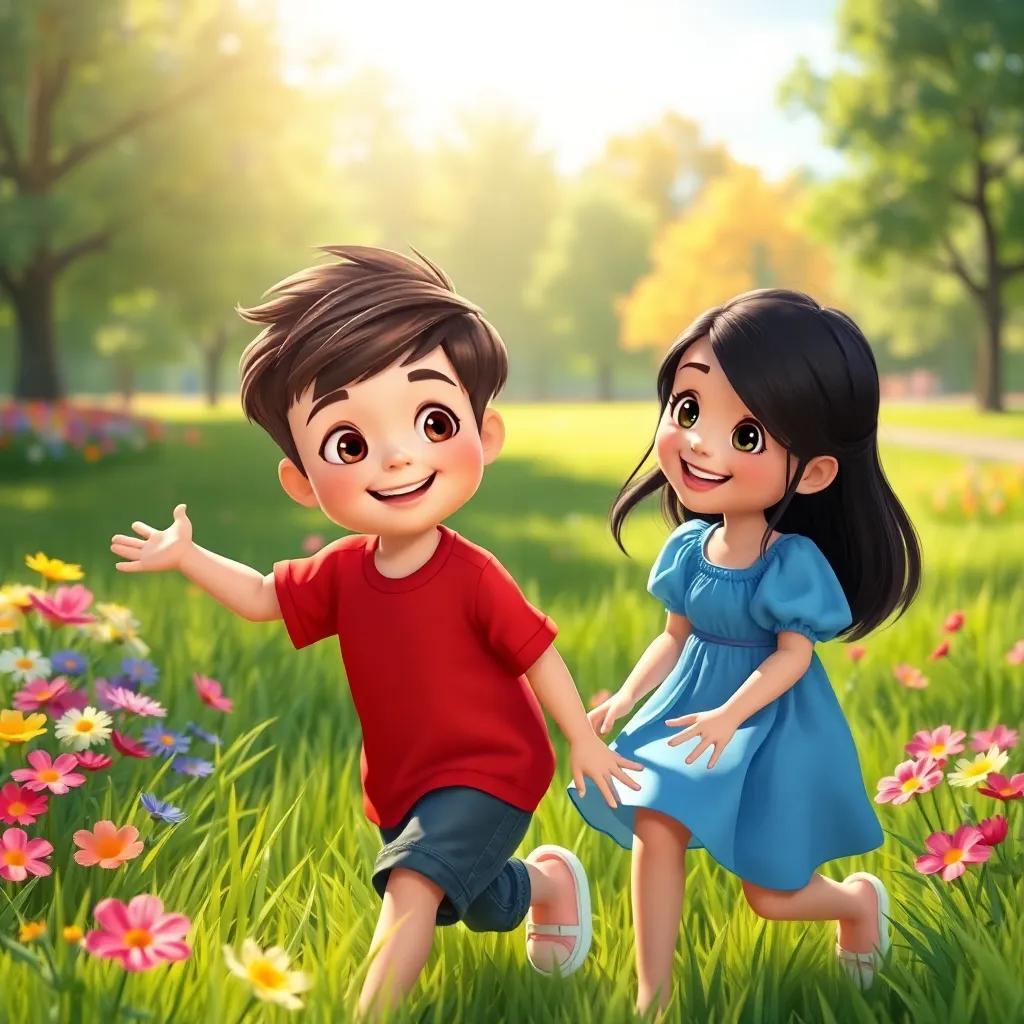 Two kids, Sam and Mia, a young boy with short brown hair in a red t-shirt, and a young girl with long black hair wearing a blue dress, playing in a sunny park filled with green grass and colorful flowers, cheerful atmosphere, vibrant colors, capturing the joy of childhood, high quality