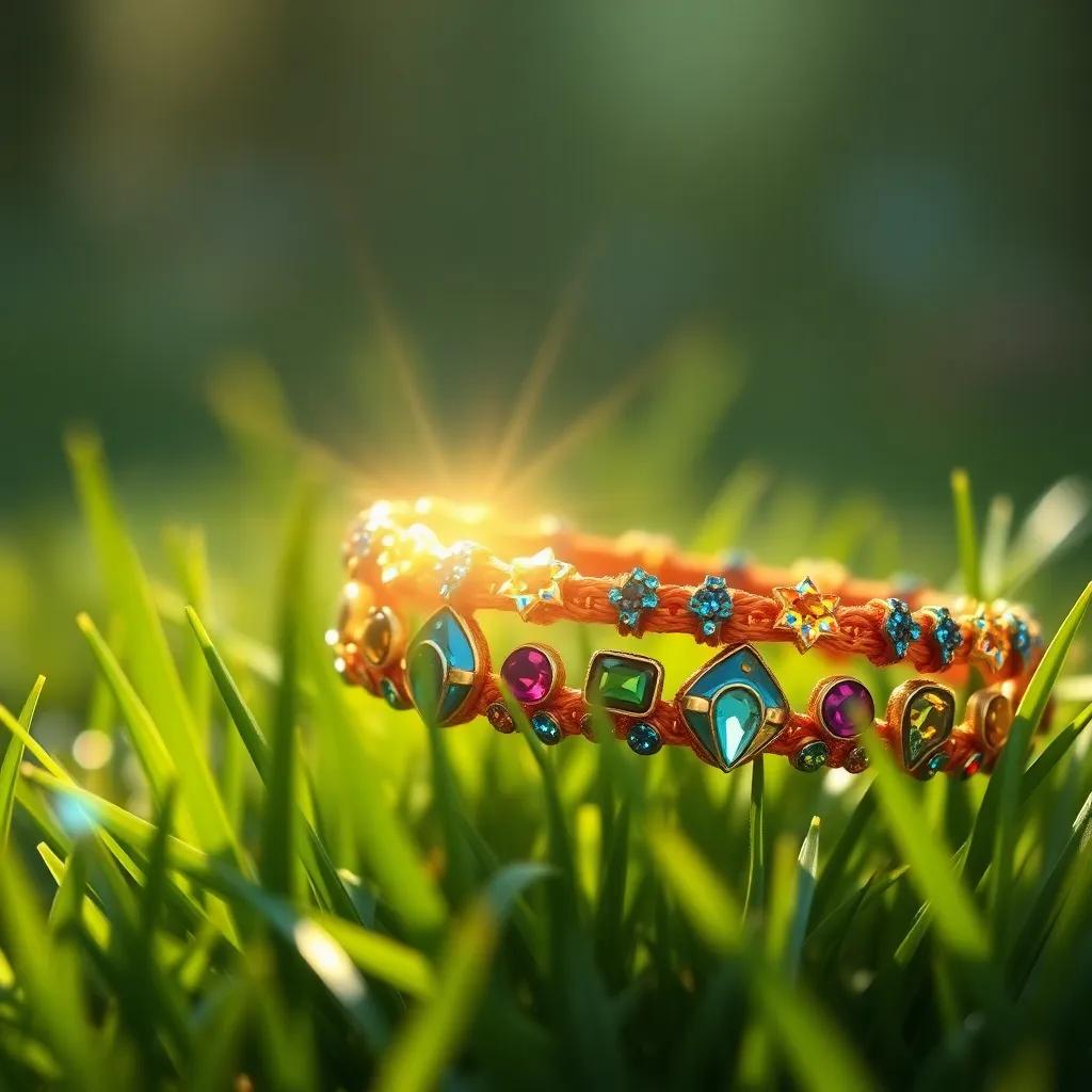 A close-up of a beautiful friendship bracelet, sparkling in the sunlight with colorful gems and golden threads, surrounded by blades of grass, magical glow, inviting detail, intricate design, high quality