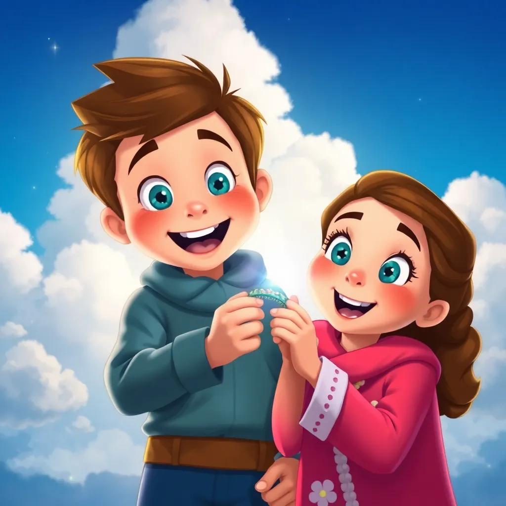 Sam and Mia, holding the bracelet, looking surprised and delighted, with a soft magical glow around them, a blue sky with fluffy clouds in the background, child-friendly illustration, enchanting atmosphere, vivid colors, high quality