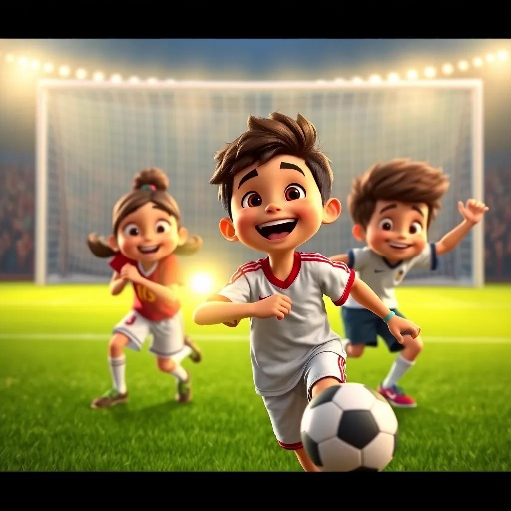 Sam, Mia, and Tom, a young boy with curly hair wearing a soccer jersey, playing soccer on the field, the bracelet glowing bright as they cheer for a goal, joyful expressions, energetic action, bright colors, high quality