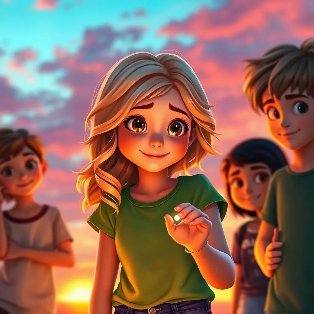 Emily, a young girl with wavy blonde hair in a green t-shirt, painting a colorful sunset, surrounded by Sam, Mia, and Tom, with the bracelet glowing gently, creative energy, warm light, inviting colors, high quality