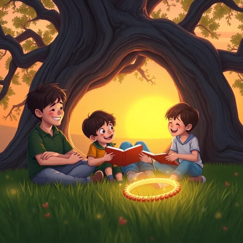 The kids sitting under a big old tree, sharing stories and laughing, the bracelet resting in the grass with a magical glow, warm sunset background, heartwarming moment, cozy atmosphere, soft colors, high quality